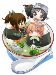 Rule 34 | 10s, 3girls, bowl, eating, flying sweatdrops, food, goggles, goggles on head, hair ornament, hirai yukio, i-401 (kancolle), i-58 (kancolle), in bowl, in container, japanese flag, kantai collection, light brown hair, maru-yu (kancolle), multiple girls, onigiri, personification, rice, sauce, school swimsuit, school uniform, serafuku, short hair, simple background, smile, soup, spoon, submarine, swimsuit, torpedo, watercraft, white background