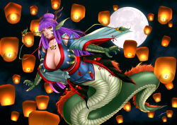 Rule 34 | 1girl, abremson, absurdres, antlers, breasts, bursting breasts, chinese lantern, chinese zodiac, claws, cleavage, cloud, dragon, dragon girl, eastern dragon, fins, flying, full moon, highres, horns, huge breasts, japanese clothes, jewelry, kimono, looking at viewer, magatama, monster girl, monster girl encyclopedia, monster girl encyclopedia ii, moon, night, no bra, purple hair, revealing clothes, ryuu (monster girl encyclopedia), slit pupils, year of the dragon, yellow eyes