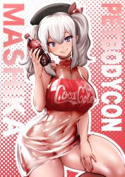 Rule 34 | 10s, 1girl, beret, blue eyes, breasts, character name, coca-cola, coke, coke bottle, curvy, eyebrows, hair ornament, hand on thigh, hat, kantai collection, kashima (kancolle), large breasts, looking at viewer, navel, no panties, product placement, shiny clothes, silver hair, sitting, smile, solo, souryu, twintails, wavy hair