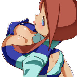 Rule 34 | 1girl, :p, ass, blue eyes, breasts, cleavage, cleavage reach, creatures (company), crop top, dark-skinned female, dark skin, from above, game freak, gloves, highres, large breasts, long hair, long sleeves, nintendo, pokemon, pokemon bw, red hair, short shorts, shorts, skyla (pokemon), tane mashi, tongue, tongue out