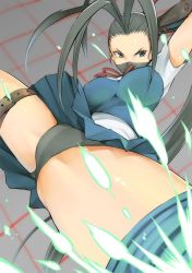 Rule 34 | 1girl, antenna hair, black hair, black panties, blue eyes, breasts, capcom, close-up, covered mouth, covering own mouth, highres, ibuki (street fighter), large breasts, long hair, mask, mouth mask, nac000, ninja, panties, pantyshot, ponytail, school uniform, solo, street fighter, street fighter v, thigh strap, thighs, training room, unaligned breasts, underwear, upskirt
