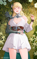 Rule 34 | 1girl, absurdres, armor, bare shoulders, blonde hair, blue gemstone, blush, braid, breasts, brooch, bush, cape, cleavage cutout, closed eyes, clothing cutout, cowboy shot, day, detached sleeves, dress, eyelashes, facing viewer, fake wings, flower, gem, hair flower, hair ornament, half updo, halter dress, halterneck, hand on own stomach, hand up, highres, huge breasts, jewelry, lips, long hair, lost ark, lying, nail polish, nature, nineveh (lost ark), on back, on ground, outdoors, parted lips, pauldrons, pentagram, shoulder armor, simple background, single pauldron, single vambrace, single wing, sleeping, sohn woohyoung, solo, thighs, vambraces, watermark, web address, white dress, white nails, wings, wristband