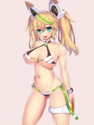 Rule 34 | 1girl, :d, aqua eyes, asamura hiori, bare shoulders, bikini, blonde hair, blush, bracelet, breasts, cleavage, collarbone, contrapposto, fang, gene (pso2), gluteal fold, hair between eyes, highres, jewelry, large breasts, long hair, looking at viewer, md5 mismatch, multicolored hair, navel, open mouth, phantasy star, phantasy star online 2, pink background, resolution mismatch, shiny skin, simple background, skindentation, smile, solo, source smaller, standing, streaked hair, swimsuit, twintails, underboob