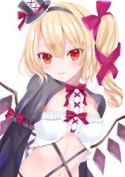Rule 34 | 1girl, alternate costume, blonde hair, blush, bow, bowtie, center frills, cismlyri, closed mouth, commentary, commentary request, crop top, crystal, dutch angle, eyes visible through hair, fang, flandre scarlet, frills, hair bow, hair ribbon, hat, head tilt, highres, looking at viewer, navel, one side up, pink bow, pink ribbon, red bow, red bowtie, red eyes, reverse outfit, ribbon, short hair, shrug (clothing), simple background, smile, solo, symbol-only commentary, top hat, touhou, upper body, white background, wings