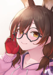 Rule 34 | 1girl, animal ear fluff, animal ears, black-framed eyewear, blush, brown background, brown eyes, brown hair, closed mouth, commentary request, drawstring, eyes visible through hair, glasses, gloves, gohei (aoi yuugure), gradient background, hair over one eye, hand up, highres, hololive, hood, hood down, hoodie, long sleeves, looking at viewer, mechanical arms, pink hoodie, red gloves, roboco-san, roboco-san (hoodie), sleeves past wrists, smile, solo, teardrop-framed glasses, virtual youtuber, white background
