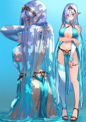 Rule 34 | 1girl, \||/, aqua eyes, aqua hair, ass, bare back, bare shoulders, blue background, blue eyes, blue hair, breast hold, breasts, brown footwear, circlet, cleavage, closed mouth, collarbone, commentary request, detached sleeves, dot nose, eel mizue, elf, full body, hair between eyes, high heels, highres, large breasts, legs apart, loincloth, long hair, multicolored hair, navel, o-ring, original, pointy ears, revealing clothes, shadow, sideboob, simple background, single bare arm, single detached sleeve, single thighhigh, solo, standing, streaked hair, thigh strap, thighhighs, thighs, toes, two-tone hair, very long hair, wading