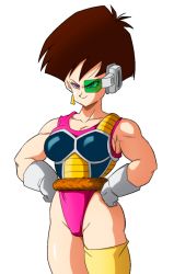 Rule 34 | 1girl, armpits, breasts, brown hair, cameltoe, cleavage, closed mouth, dragon ball, dragonball z, earrings, feet out of frame, female focus, gloves, groin, hands on own hips, jewelry, legs, leotard, looking at viewer, medium breasts, monkey tail, pink eyes, pink leotard, saiyan, saiyan armor, scouter, seripa, short hair, simple background, single thighhigh, sleeveless, smile, solo, standing, tail, thighhighs, thighs, transparent background, yamamoto doujin