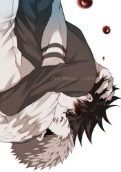Rule 34 | 2023, 2boys, arm tattoo, black hair, black nails, bleeding, blood, blood on face, commentary request, dated, extra eyes, eye contact, facial tattoo, fushiguro megumi, green eyes, hand on another&#039;s head, highres, hug, jacket, jujutsu kaisen, kiss, long sleeves, looking at another, male focus, multiple boys, nail polish, red eyes, ryoumen sukuna (jujutsu kaisen), sato zero915, short hair, spiked hair, tattoo, undercut, upside-down, yaoi