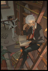 Rule 34 | 2boys, alternate costume, arjuna (fate), artist name, bishounen, black hair, book, bookshelf, brown hair, chess piece, chessboard, dark-skinned male, dark skin, fate/grand order, fate (series), formal, framed image, from above, full body, glasses, hair between eyes, highres, jewelry, karna (fate), ladder, library, long sleeves, looking at another, looking at viewer, male focus, multiple boys, necktie, open book, pectorals, picture frame, sitting, smile, sunlight, user pryc2737, white hair