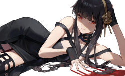 Rule 34 | 1girl, black dress, black hair, blood, closed mouth, cotta (heleif), dress, hairband, highres, long hair, lying, on side, red eyes, simple background, smile, solo, spy x family, white background, yellow hairband, yor briar