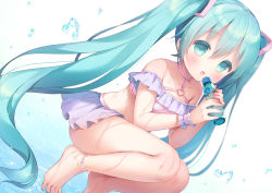 Rule 34 | 1girl, aqua eyes, aqua hair, bare legs, bare shoulders, barefoot, beamed sixteenth notes, bikini, blush, boots, choker, collarbone, commentary, dutch angle, frilled bikini, frills, hair between eyes, hair ornament, hatsune miku, heart o-ring, highres, holding, holding boots, holding clothes, holding footwear, long hair, looking at viewer, musical note, open mouth, pearl anklet, pink bikini, pink choker, ramune, solo, sparkle, swimsuit, twintails, usashiro mani, very long hair, vocaloid, water, water drop, white background, wrist cuffs