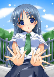 Rule 34 | 00s, 1girl, :o, blue eyes, blue sky, blush, day, green necktie, head tilt, kajiwara sora, large areolae, maho (yakimorokoshi), necktie, open mouth, outdoors, outstretched arms, railing, silver hair, sketchbook full colors, sky, solo, spread fingers