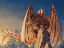 Rule 34 | absurdres, claws, cloud, dragon, dragon claw, dragon horns, dragon tail, dragon wings, fantasy, highres, horns, large wings, long tail, monster, mountain, nasuno posi, no humans, original, scales, sky, tail, western dragon, wings