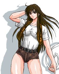 Rule 34 | 1990s (style), 1girl, bad id, bad pixiv id, breasts, brown eyes, brown hair, capcom, casual, chun-li, earrings, covered erect nipples, hair down, hand in own hair, jewelry, large breasts, lowres, no bra, oekaki, ribbon, shirt, short shorts, shorts, smile, solo, street fighter, street fighter ii (series), t-shirt, taut clothes, taut shirt, thighs, wajurimosugaba