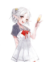 Rule 34 | 1girl, :d, absurdres, alternate costume, arm behind back, black shirt, bow, dress, elf, food, hair ornament, highres, holding, holding food, holding popsicle, looking at viewer, mushoku tensei, open mouth, orange eyes, papa (839171447), pointy ears, popsicle, red bow, shirt, shirt under dress, short hair, simple background, smile, solo, star (symbol), star hair ornament, sylphiette (mushoku tensei), white background, white dress, white hair