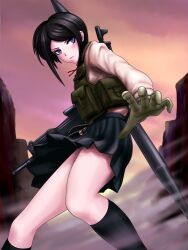 Rule 34 | 1girl, black footwear, black hair, black skirt, blush, calf socks, cliff, closed mouth, combat vest, danganronpa: trigger happy havoc, danganronpa (series), dust, dust cloud, ears, evening, eyelashes, fighting stance, freckles, gig (artist), gloves, green gloves, green vest, gun, gun on back, hand out, holding, holding gun, holding weapon, ikusaba mukuro, light particles, long sleeves, looking at viewer, military vehicle, neck ribbon, orange sky, outstretched hand, pleated skirt, purple eyes, purple sky, red ribbon, ribbon, rocket-propelled grenade, rocket launcher, shirt, skirt, sky, standing, thighs, vest, weapon, weapon on back, white shirt, yellow sky