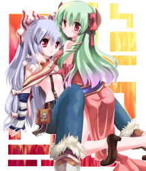 Rule 34 | 2girls, alternate costume, arm support, bad id, bad pixiv id, blacksmith (ragnarok online), blue hair, blush, bow, china dress, chinese clothes, cosplay, detached sleeves, dress, ex-keine, female focus, frown, fujiwara no mokou, gradient hair, green hair, hair bow, hair ornament, high heels, hizukiryou, horn ornament, horn ribbon, horns, kamishirasawa keine, kneeling, large bow, light purple hair, looking back, multicolored hair, multiple girls, no shirt, pants, pocket, professor (ragnarok online), ragnarok online, red eyes, ribbon, shoes, side slit, sitting, suspenders, touhou