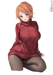 Rule 34 | 1girl, aquila (kancolle), blush, breasts, brown eyes, cropped legs, ebifurya, hair ornament, hairclip, high ponytail, highres, kantai collection, large breasts, long hair, long sleeves, looking at viewer, one-hour drawing challenge, open mouth, orange hair, pantyhose, parted bangs, red sweater, sidelocks, simple background, sleeves past wrists, smile, solo, sweater, turtleneck, turtleneck sweater, twitter username, white background, wide hips
