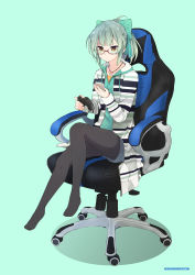 Rule 34 | 1girl, alternate costume, bespectacled, black pantyhose, blue shorts, bow, brown eyes, cellphone, chair, controller, game controller, gaming chair, glasses, green bow, green hair, green hoodie, hair bow, highres, holding, holding controller, holding game controller, holding phone, hood, hood down, hoodie, kantai collection, long sleeves, myuto (advent retribution), pantyhose, phone, ponytail, red-framed eyewear, semi-rimless eyewear, short shorts, shorts, sitting, smartphone, solo, swivel chair, yuubari (kancolle)