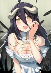 Rule 34 | 1girl, albedo (overlord), bad id, bad pixiv id, bare shoulders, black hair, blush, breasts, cccpo, cleavage, demon girl, detached collar, dress, feathers, female focus, gradient background, highres, horns, large breasts, overlord (maruyama), slit pupils, solo, sweatdrop, tongue, translucent hair, yellow eyes