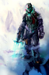 Rule 34 | 1boy, arm at side, black bodysuit, bodysuit, clenched hand, dead space, dead space 3, fog, full body, fur collar, glowing, gradient background, gun, helmet, holding, holding gun, holding weapon, isaac clarke, jacket, male focus, plasma cutter, sketch, so-bin, solo, standing, weapon