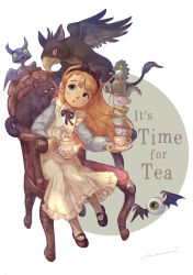 Rule 34 | 1girl, :o, alice (alice in wonderland), alice in wonderland, black bow, black footwear, blonde hair, blue eyes, blush, bow, cat, chair, cheshire cat (alice in wonderland), child, cup, disembodied eye, dress, english text, griffin, highres, holding, leaning to the side, long hair, looking at viewer, nanami tomorou, shoes, signature, sitting, teacup, teapot, white dress
