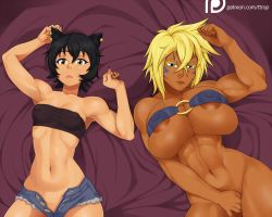 Rule 34 | 2girls, abs, animal ears, areola slip, bed, belt bra, black hair, bleach, blonde hair, bottomless, breasts, cat ears, covered erect nipples, green eyes, huge breasts, kali belladonna, large areolae, looking at viewer, lying, medium breasts, multiple girls, muscular, muscular female, navel, on back, open clothes, patreon, puffy nipples, rwby, short hair, tier harribel, toned, ttrop, yellow eyes