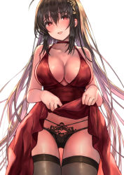 Rule 34 | 1girl, ahoge, azur lane, black hair, black panties, black thighhighs, breasts, clothes lift, denchu (kazudentyu), dress, dress lift, hair ornament, highres, large breasts, lifting own clothes, long hair, looking at viewer, official alternate costume, open mouth, panties, red dress, red eyes, solo, taihou (azur lane), taihou (forbidden feast) (azur lane), thigh gap, thighhighs, underwear, very long hair