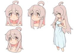 Rule 34 | 1girl, :/, ahoge, bare arms, bare shoulders, brown eyes, collarbone, colored inner hair, commentary, cropped legs, dot nose, dress, ears visible through hair, expressionless, expressions, frown, genderswap, genderswap (mtf), grey hair, hair between eyes, hands on own chest, highres, kosuda, light blush, long hair, looking at viewer, multicolored hair, multiple views, onii-chan wa oshimai!, oyama mahiro, pink hair, simple background, sleeveless, sleeveless dress, spaghetti strap, sundress, two-tone hair, white background, white dress