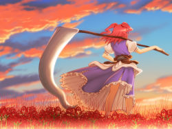 Rule 34 | 1girl, female focus, flower, from behind, genjuu rou, hair bobbles, hair ornament, hands on own hips, onozuka komachi, red hair, scythe, short hair, solo, spider lily, touhou, twintails, two side up