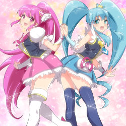 Rule 34 | 10s, 2girls, :d, aino megumi, ass, blue skirt, blue thighhighs, boots, bow, brooch, crown, cure lovely, cure princess, earrings, hair ornament, happinesscharge precure!, heart, heart brooch, holding hands, jewelry, long hair, magical girl, misu kasumi, multiple girls, open mouth, pink bow, ponytail, precure, puffy sleeves, shirayuki hime, skirt, smile, sparkle, thigh boots, thighhighs, twintails, very long hair, white legwear, wide ponytail, wrist cuffs