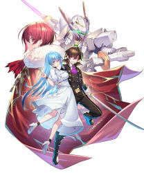 Rule 34 | 1boy, 2girls, ascot, black footwear, black hair, black pants, blue eyes, blue hair, breasts, cape, cover, cover image, cover page, energy sword, floating hair, fur trim, hair behind ear, hair between eyes, high heels, highres, holding, holding sword, holding weapon, katana, large breasts, mecha, multiple girls, novel cover, official art, open hand, ore wa hoshi ma kokka no akutoku ryoshu!, pants, purple ascot, purple eyes, red cape, red eyes, resolution mismatch, robot, science fiction, short hair, smile, source smaller, sword, takamine nadare, textless version, v-shaped eyebrows, weapon, white background, white footwear