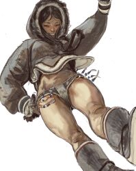 Rule 34 | 1girl, beads, black hair, boots, coat, eskimo, female focus, from below, fur, greenland, highres, historically accurate costume, hood, hoodie, inuit, looking at viewer, mossacannibalis, navel, smile, solo, thighs, thong, underwear