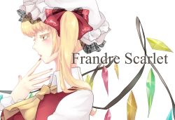 Rule 34 | 1girl, ascot, bad id, bad pixiv id, blonde hair, blush, character name, colored eyelashes, crystal, english text, engrish text, finger to mouth, flandre scarlet, hat, hat ribbon, lips, long hair, mizutamairo, mob cap, portrait, profile, ranguage, red eyes, ribbon, shirt, side ponytail, simple background, solo, touhou, typo, vest, white background, wings, wrist cuffs