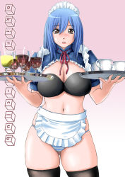 Rule 34 | 1girl, :o, apron, black thighhighs, blue hair, blush, breasts, brown eyes, cleavage, cup, drinking glass, drinking straw, holding, kiso fumihiro, large breasts, lips, looking at viewer, navel, original, panties, parted lips, pink background, simple background, solo, standing, striped clothes, striped panties, teacup, thighhighs, tray, underwear, waitress, wine glass