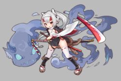 Rule 34 | 1girl, armor, hair ribbon, holding, holding sword, holding weapon, horns, japanese armor, japanese clothes, katana, kote, looking at viewer, miko, oni horns, open mouth, original, ponytail, red eyes, ribbon, shoulder armor, skirt, solo, sword, thighhighs, weapon, white hair, x734489282