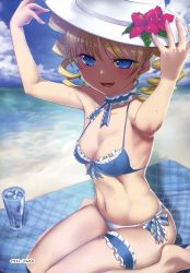 Rule 34 | 1girl, absurdres, barefoot, baseson, beach, bikini, blonde hair, blue eyes, blush, breasts, cleavage, covered erect nipples, drill hair, feet, female focus, flower, hat, highres, kantaka, koihime musou, open mouth, side-tie bikini bottom, small breasts, smile, solo, sousou (koihime musou), swimsuit