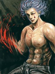 Rule 34 | 1boy, black theme, blood, blue eyes, blue hair, blue theme, hisoka (hunter x hunter), hunter x hunter, male focus, matching hair/eyes, muscular, pants, red theme, topless male, solo, spoilers, tattoo, teardrop tattoo