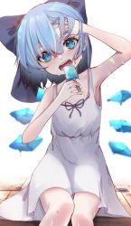 Rule 34 | + +, 1girl, :d, absurdres, adjusting hair, alternate costume, arm up, armpits, bare shoulders, blue bow, blue eyes, blue hair, blurry, blush, bow, bright pupils, cirno, commentary request, depth of field, dress, feet out of frame, flat chest, food, hair between eyes, hair bow, hand in own hair, hand on forehead, hand up, head tilt, highres, holding, holding food, ice, ice wings, legs together, looking at viewer, open mouth, popsicle, ribbon, short hair, simple background, sleeveless, sleeveless dress, smile, solo, sweat, teeth, tongue, touhou, tsune (tune), white background, white dress, wings, wooden floor