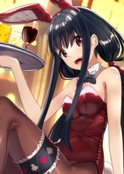Rule 34 | 1girl, alcohol, animal ears, black bow, black bowtie, black hair, borumete, bow, bowtie, breasts, brown pantyhose, commentary request, cup, detached collar, drinking glass, leotard, long hair, low twintails, medium breasts, original, pantyhose, playboy bunny, playing card theme, rabbit ears, rabbit tail, red eyes, red leotard, sidelocks, sitting, solo, strapless, strapless leotard, tail, thigh strap, tray, twintails, wine, wine glass