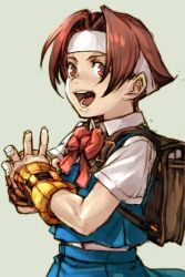 Rule 34 | 1girl, :d, backpack, bag, blue skirt, blue vest, bow, bowtie, brown hair, capcom, collared shirt, commentary request, detached sleeves, fist in hand, from side, grey background, headband, hungry clicker, justice gakuen, looking at viewer, looking to the side, open mouth, parted bangs, pleated skirt, red bow, red bowtie, red eyes, school bag, school uniform, shirt, short hair, short sleeves, simple background, skirt, smile, solo, upper body, vest, wakaba hinata, white shirt, wing collar