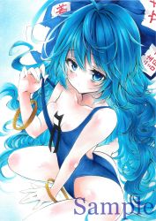 Rule 34 | 1girl, arim0k0, between legs, blue bow, blue eyes, blue hair, blue one-piece swimsuit, bow, bracelet, breasts, cleavage, closed mouth, clothes pull, debt, hair bow, hand between legs, highres, jewelry, long hair, looking at viewer, medium breasts, one-piece swimsuit, one-piece swimsuit pull, pulling own clothes, sample watermark, sitting, solo, stuffed animal, stuffed cat, stuffed toy, swimsuit, touhou, traditional media, very long hair, watermark, yorigami jo&#039;on