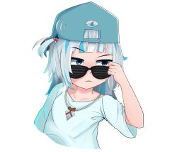 Rule 34 | absurdres, angry, artist request, baseball cap, blue eyes, blue hair, disappointed, gawr gura, grey hair, hat, highres, hololive, hololive english, jewelry, looking to the side, necklace, sunglasses, virtual youtuber