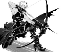 Rule 34 | 1boy, archer (fate), archer alter (fate), bare shoulders, bow (weapon), corruption, dark-skinned male, dark skin, drawing bow, fate/grand order, fate/grand order: first order, fate (series), greyscale, hair down, holding, holding bow (weapon), holding weapon, male focus, monochrome, muscular, muscular male, namahamu (hmhm 81), on one knee, solo, weapon