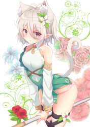 Rule 34 | 1girl, absurdres, animal ears, between legs, black thighhighs, blush, cat ears, cat tail, cowboy shot, extra ears, floral background, flower, hair flower, hair ornament, highres, holding, holding staff, kemonomimi mode, kokkoro (princess connect!), looking at viewer, panties, pink eyes, pointy ears, princess connect!, red flower, red rose, rose, shirt, short hair, solo, staff, standing, tail, thighhighs, underwear, white hair, white panties, yuu ms1974