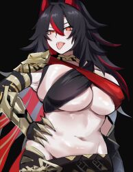 Rule 34 | 1girl, absurdres, alternate costume, asymmetrical clothes, bare shoulders, belt, black hair, blush, breasts, cleavage, cosplay, curvy, dehya (genshin impact), dehya (genshin impact) (cosplay), genshin impact, hair between eyes, halterneck, highres, huge breasts, k (kuayrenaiz), kurenaiz (kuayrenaiz), long hair, looking at viewer, messy hair, multicolored hair, original, pale skin, pants, plump, red eyes, red hair, slit pupils, solo, streaked hair, thick thighs, thighs, tongue, tongue out, yellow eyes