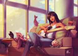 Rule 34 | 1girl, absurdres, black cat, blizzard (company), boots, braid, casual, cat, character doll, combat boots, commentary, couch, crossed legs, dark-skinned female, dark skin, day, denim, dirty ero, electric guitar, english commentary, eye of horus, facial tattoo, guitar, highres, indoors, instrument, jeans, lens flare, lips, medium hair, nose, overwatch, overwatch 1, pachimari, pants, pharah (overwatch), photo (object), reinhardt (overwatch), side braids, signature, sitting, solo, stuffed animal, stuffed octopus, stuffed toy, swept bangs, tank top, tattoo, thick eyebrows, very dark skin, window