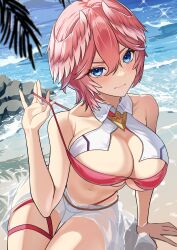 Rule 34 | 1girl, absurdres, beach, bikini, blue eyes, blush, breasts, cleavage, closed mouth, commentary request, hair between eyes, highres, hololive, large breasts, looking at viewer, ocean, ojisan kamo shiremasen, pink hair, red bikini, short hair, solo, sparkle, swimsuit, takane lui, virtual youtuber, water