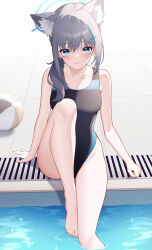 Rule 34 | 1girl, absurdres, animal ears, bare arms, bare legs, bare shoulders, barefoot, black one-piece swimsuit, blue archive, blue eyes, blush, breasts, cat ears, closed mouth, collarbone, competition swimsuit, cross hair ornament, earrings, feet, foot out of frame, grey hair, hair ornament, highres, jewelry, large breasts, legs, long hair, looking at viewer, official alternate costume, one-piece swimsuit, poinia, pool, shiroko (blue archive), shiroko (swimsuit) (blue archive), sitting, smile, solo, stud earrings, swimsuit, thighs, toenails, toes, water