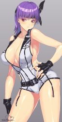 Rule 34 | 1girl, ayane (doa), blush, breasts, closed mouth, dead or alive, dead or alive 6, fingerless gloves, gloves, headband, highres, large breasts, murata tefu, purple hair, red eyes, short hair, simple background, solo, tecmo